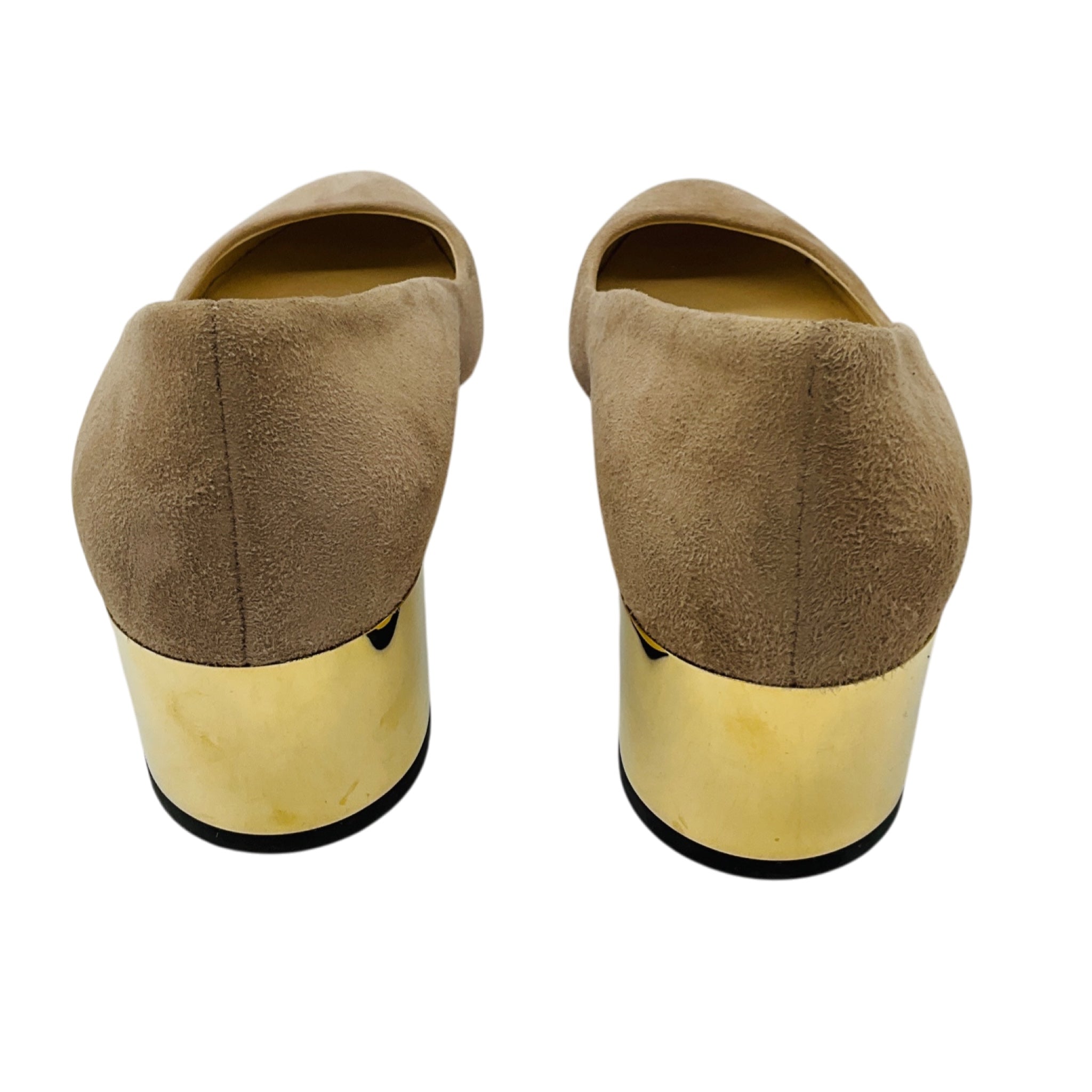 Jimmy Choo Nude Round Toe Suede Pumps with Gold Heel