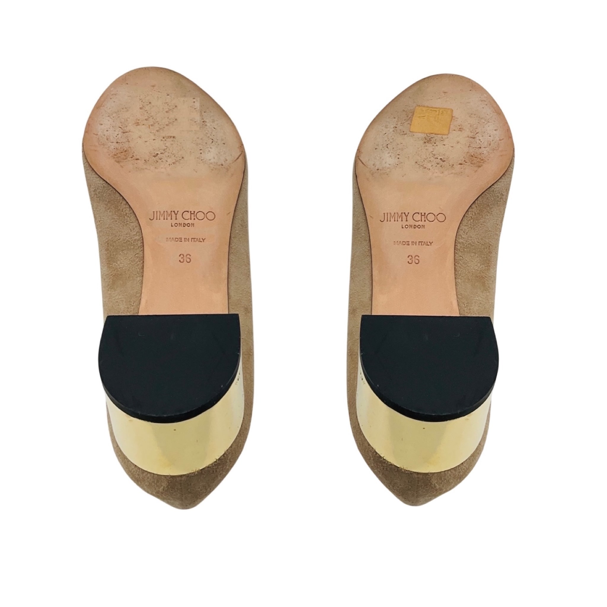 Jimmy Choo Nude Round Toe Suede Pumps with Gold Heel