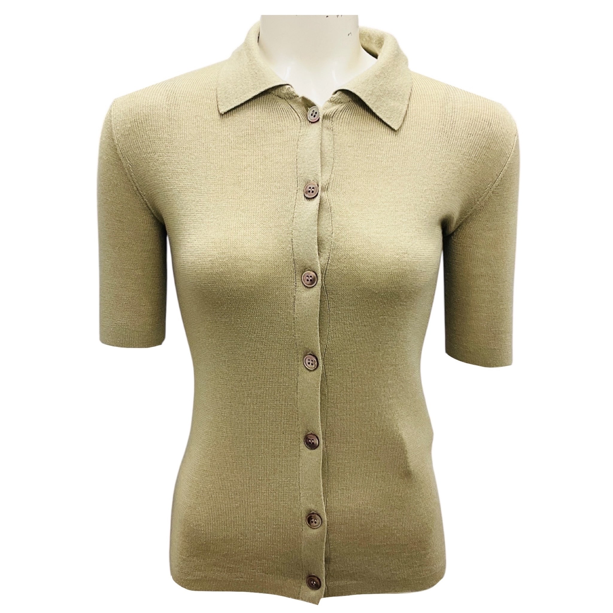 Barbara Bui Green Short Sleeved Collared Wool and Silk Knit Sweater