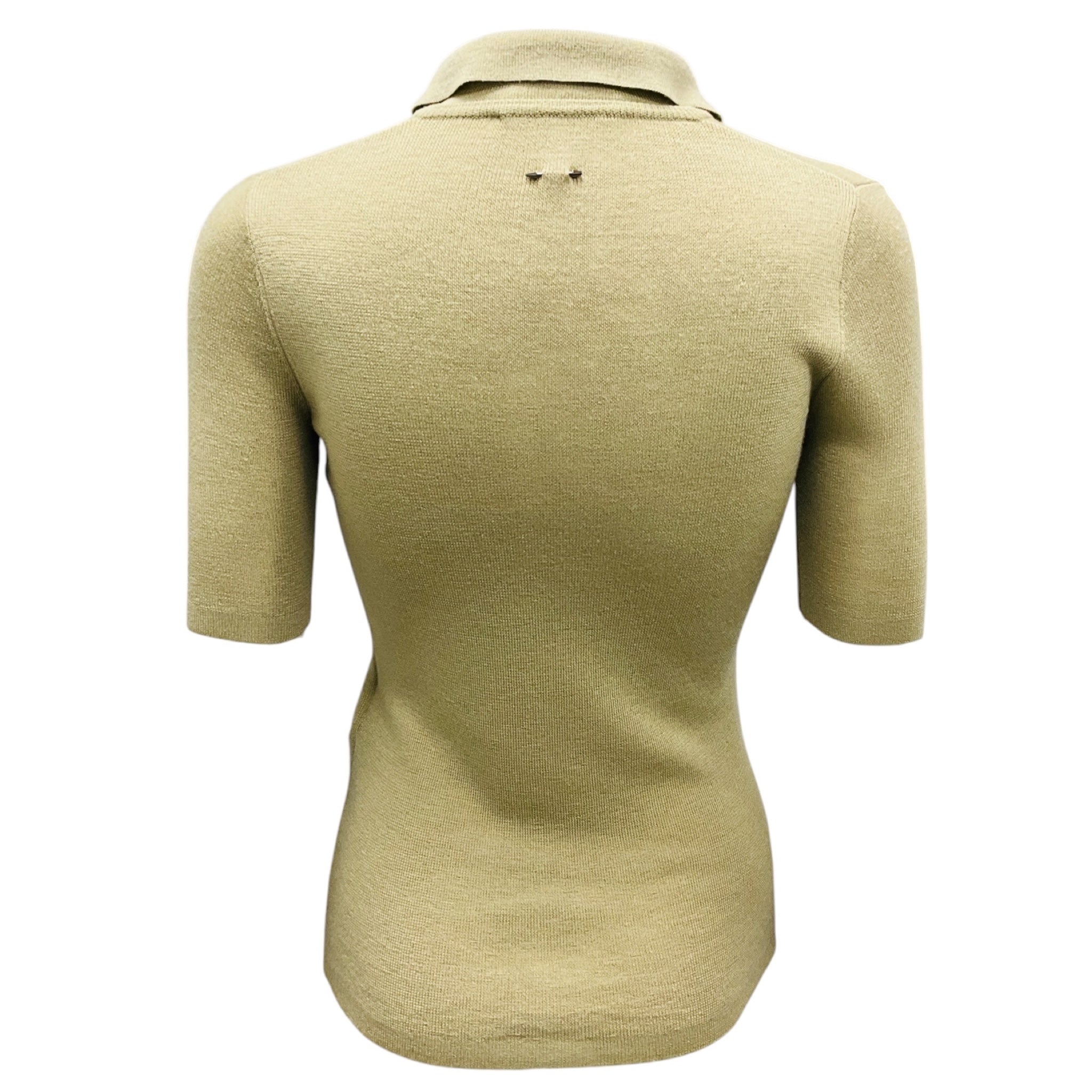 Barbara Bui Green Short Sleeved Collared Wool and Silk Knit Sweater