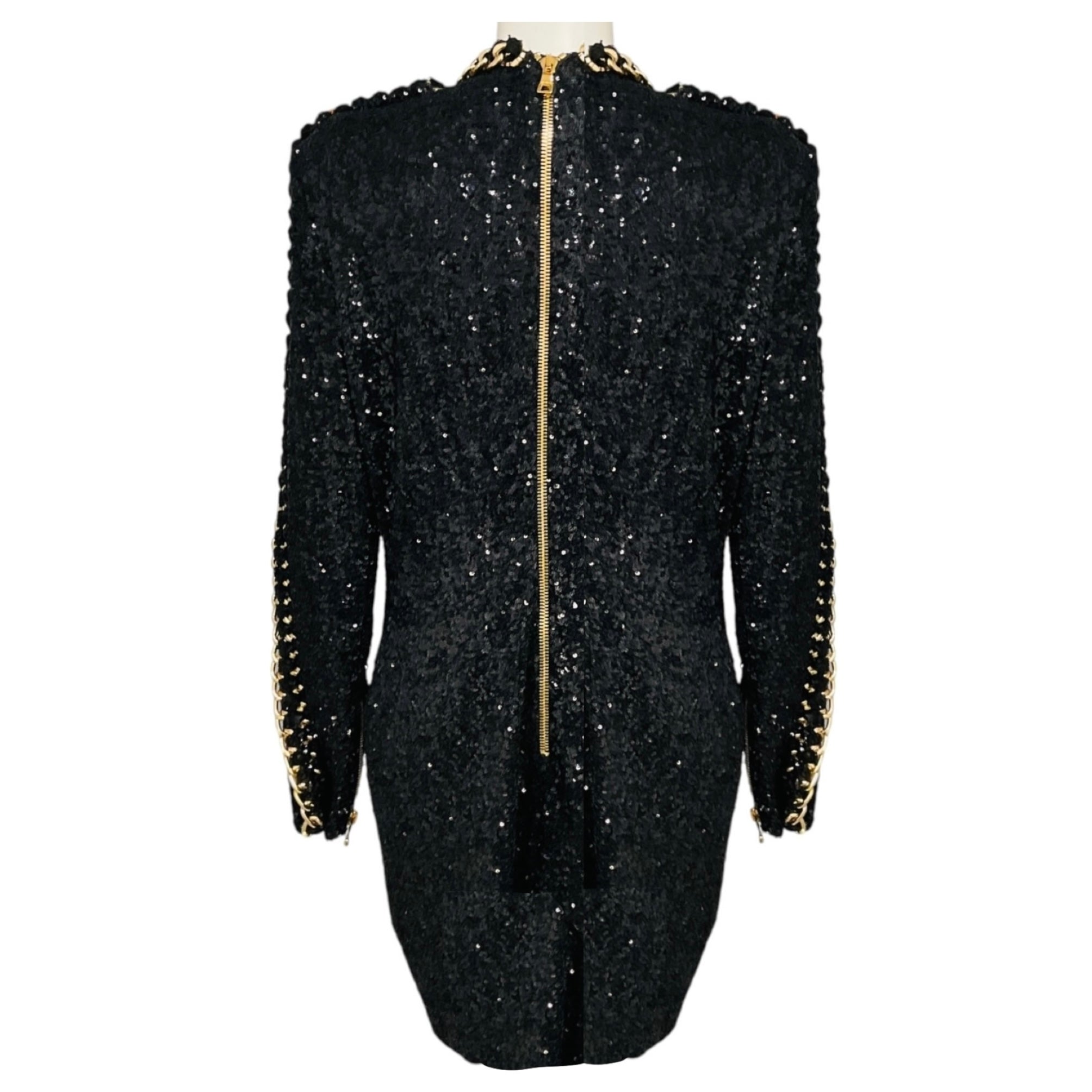 Balmain Black / Gold Chain Detail Sequined Cocktail Dress