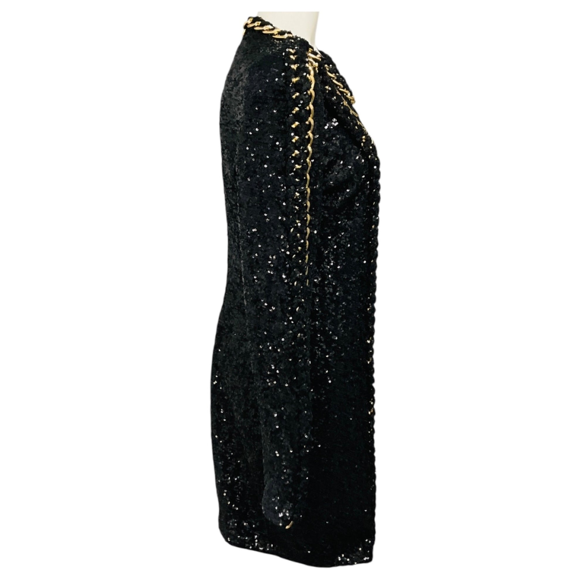 Balmain Black / Gold Chain Detail Sequined Cocktail Dress