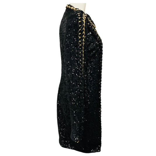 Balmain Black / Gold Chain Detail Sequined Cocktail Dress