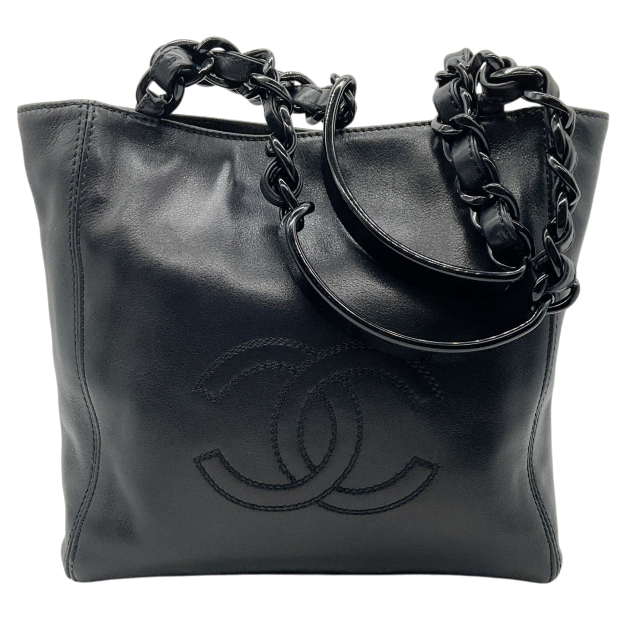 Chanel Black Leather Small Deca Coco Mark Tote with Bakelite Chain Handles
