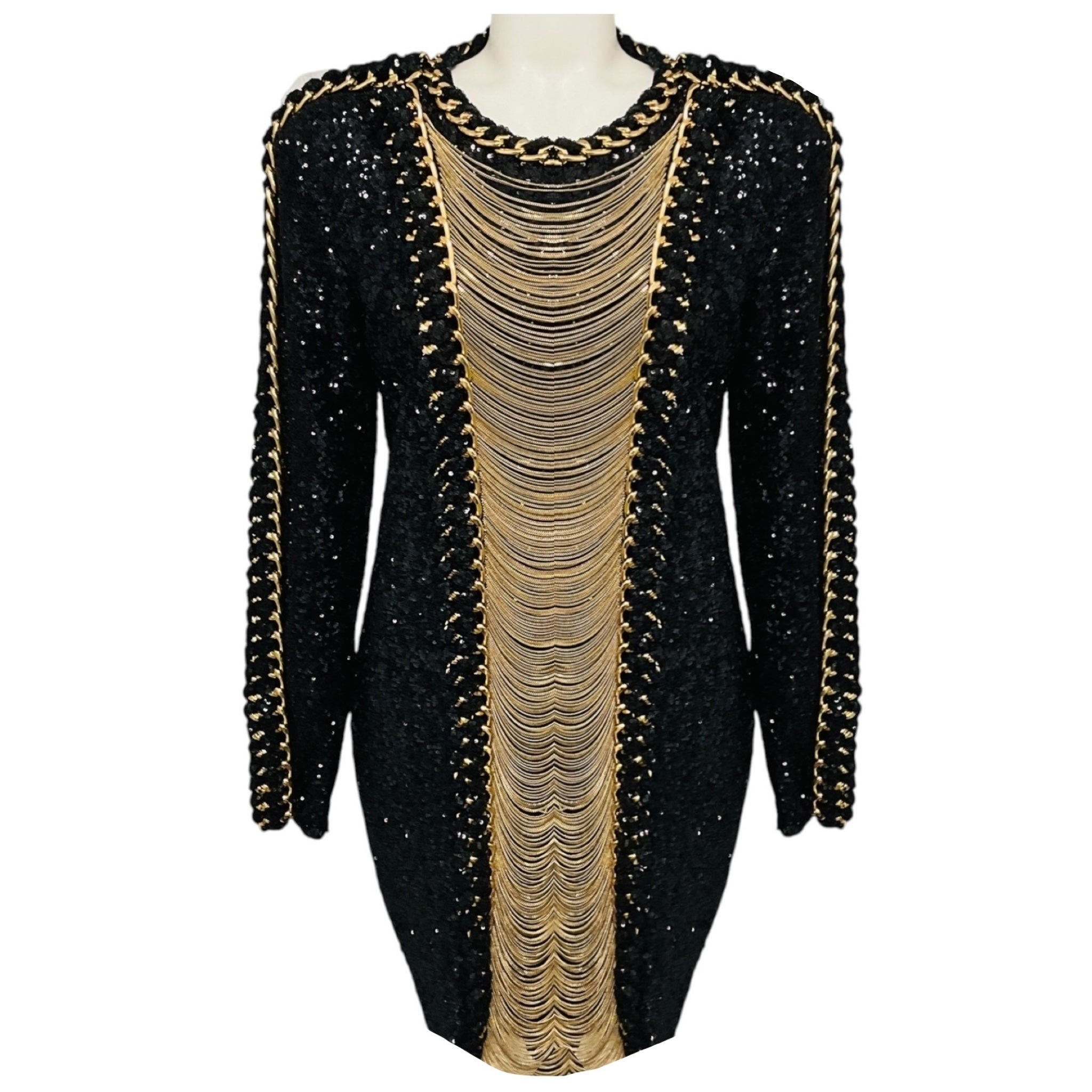 Balmain Black / Gold Chain Detail Sequined Cocktail Dress