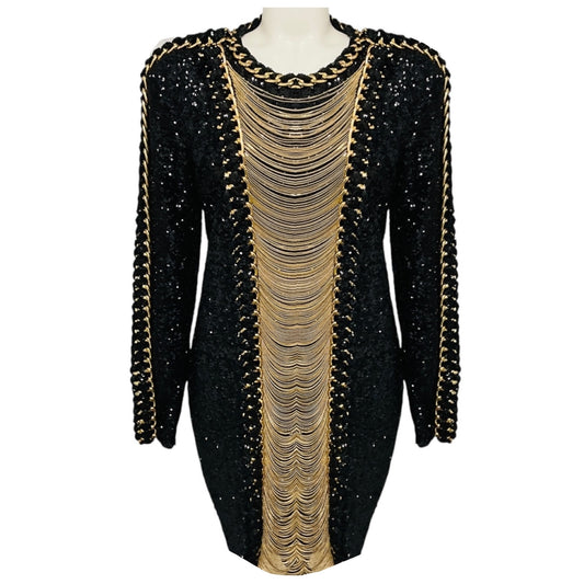 Balmain Black / Gold Chain Detail Sequined Cocktail Dress