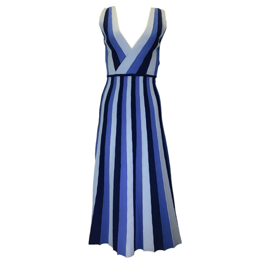 Carolina Herrera Blue Multi Striped Sleeveless V-Neck Knit Midi Dress