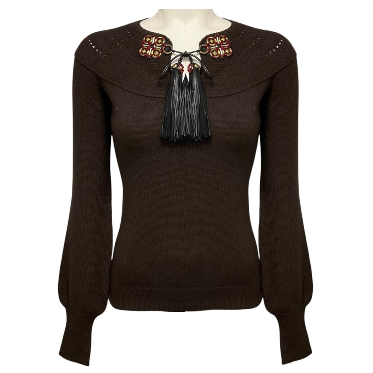 Gucci Brown Embellished Wool Knit Sweater with Tassel Detail