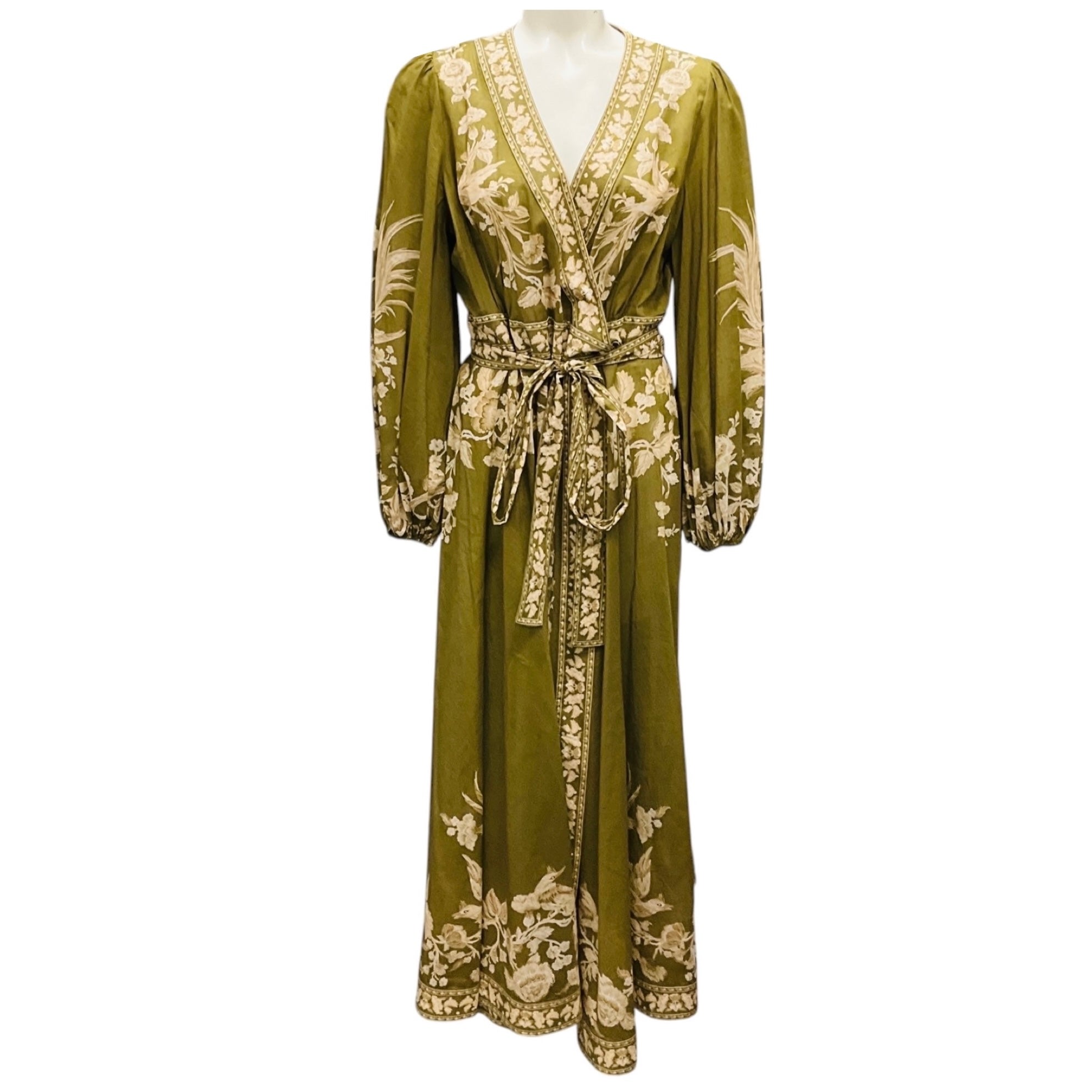 Zimmermann Army Green Anneke Floral Print Cotton Voile Wrap Midi Dress