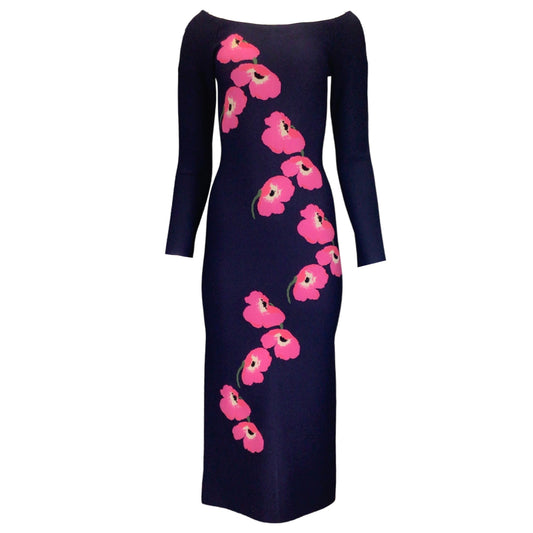 Carolina Herrera Navy Blue / Pink Floral Stretchy Knit Midi Dress