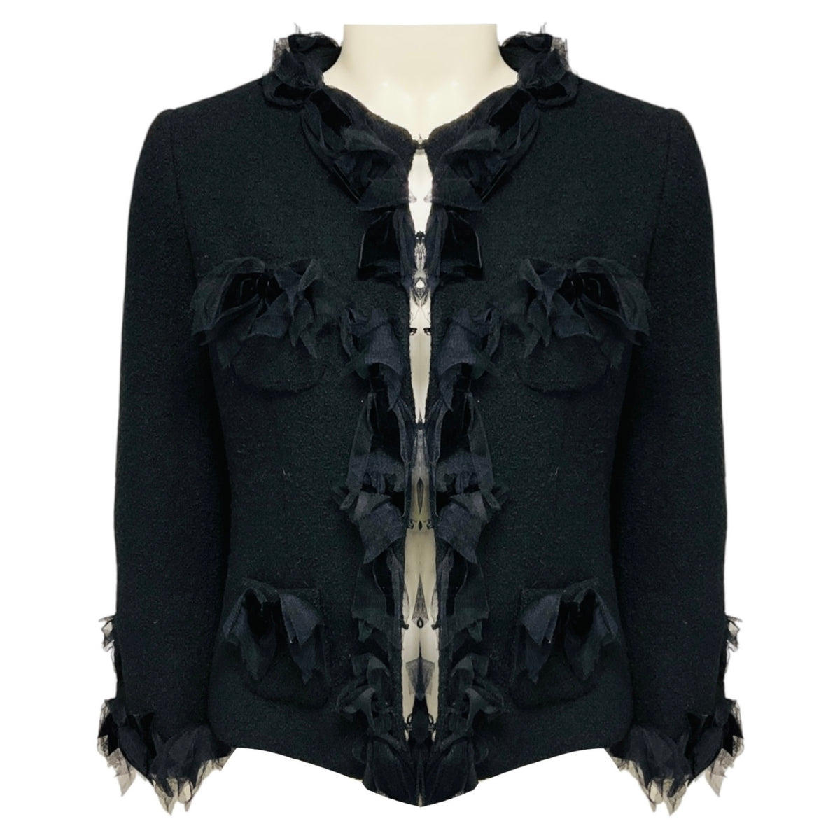 Moschino Black Wool Tweed Jacket with Mesh Tulle Trim and Velvet Bows