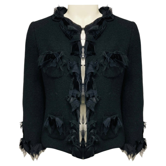 Moschino Black Wool Tweed Jacket with Mesh Tulle Trim and Velvet Bows