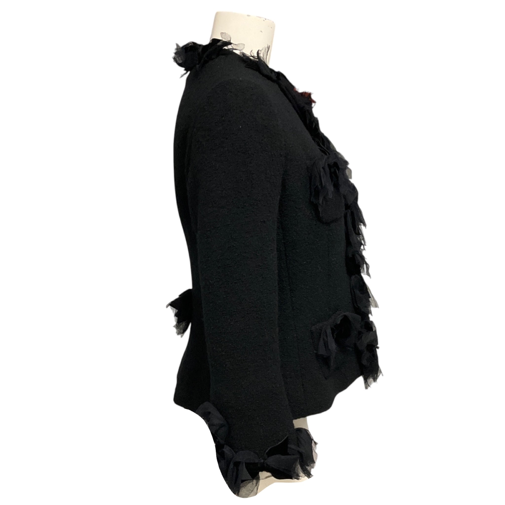 Moschino Black Wool Tweed Jacket with Mesh Tulle Trim and Velvet Bows