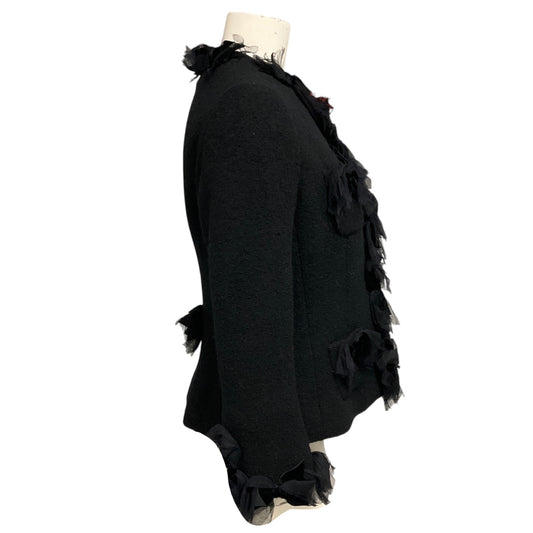 Moschino Black Wool Tweed Jacket with Mesh Tulle Trim and Velvet Bows