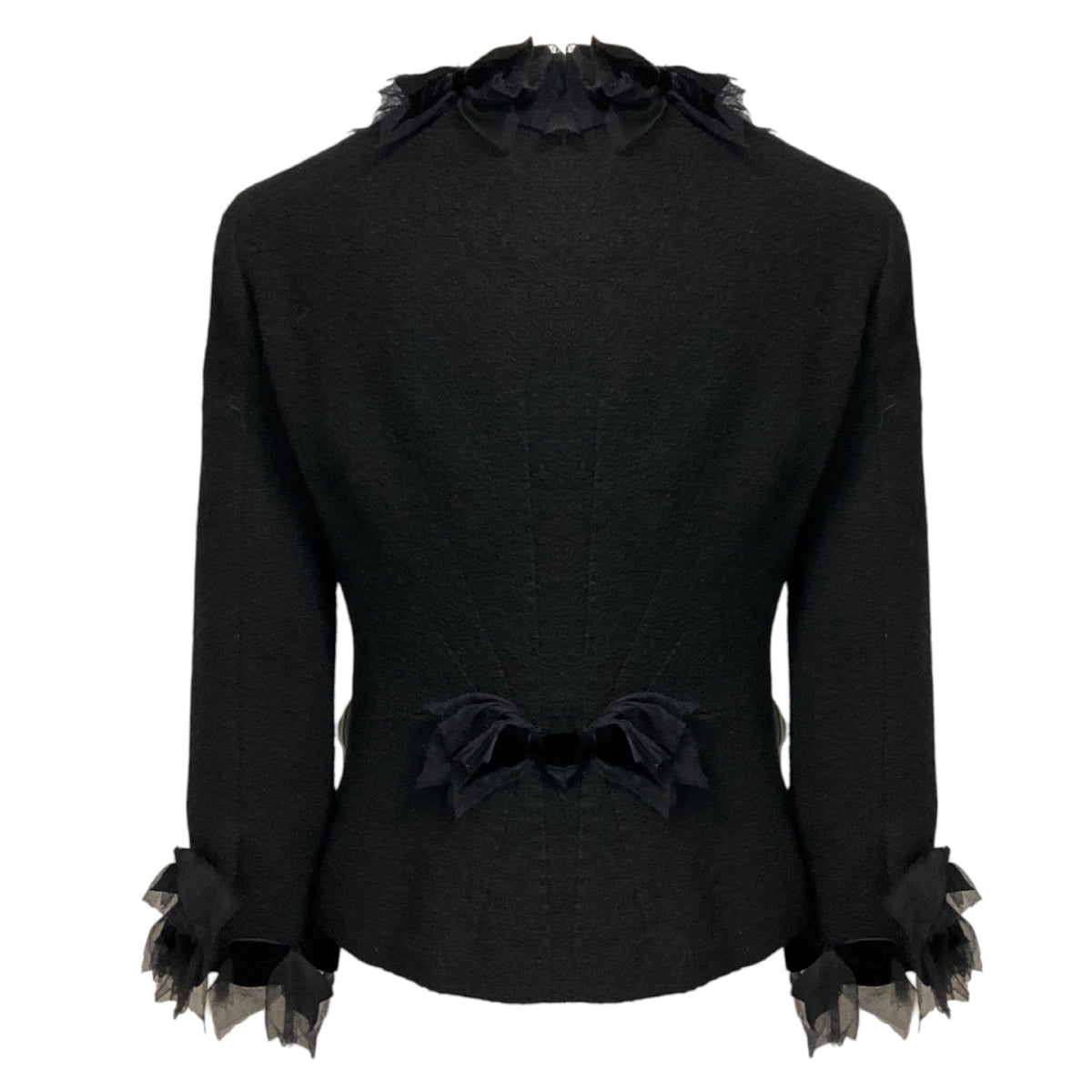 Moschino Black Wool Tweed Jacket with Mesh Tulle Trim and Velvet Bows