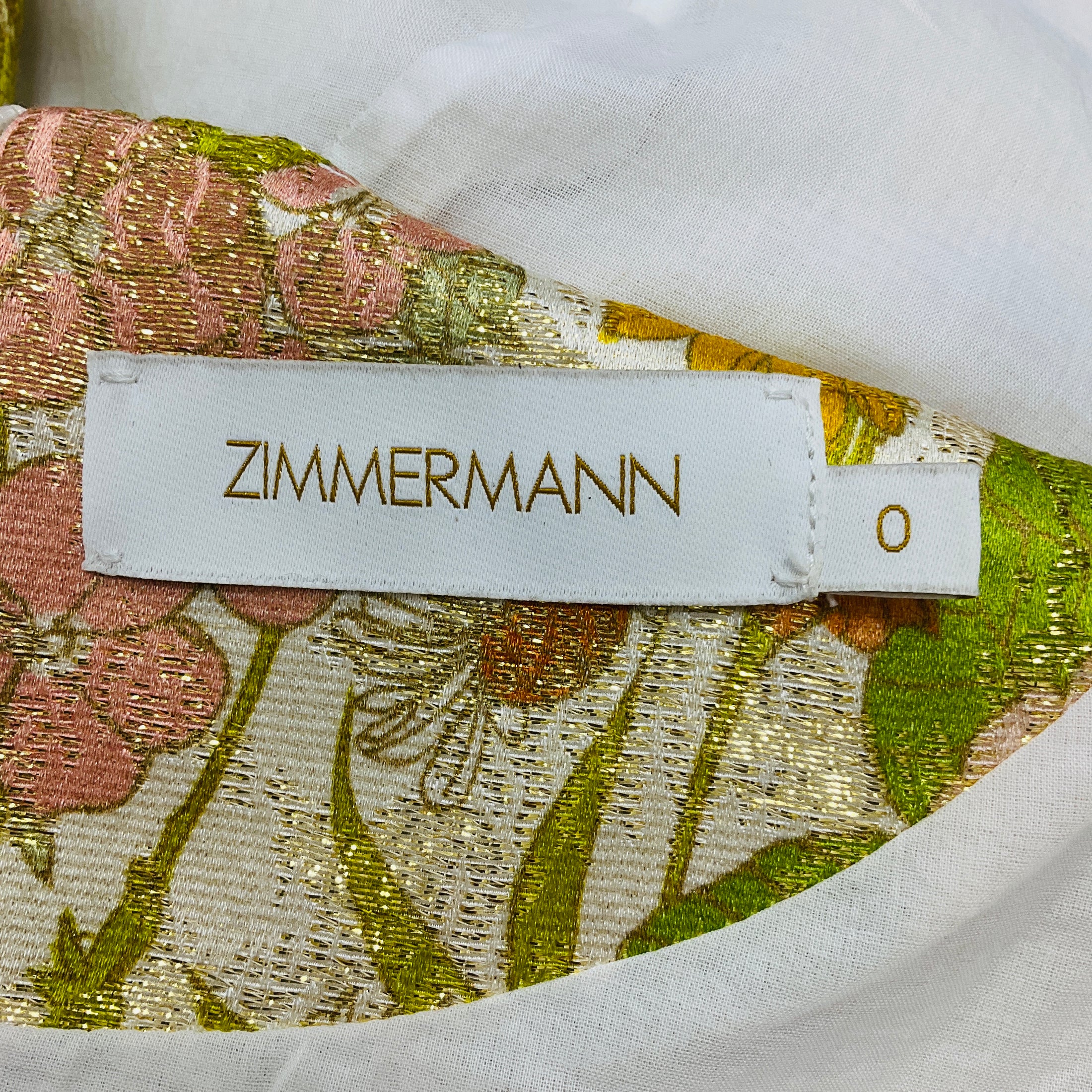 Zimmermann Yellow / Green / Orange / Gold Metallic Short Sleeved Floral Shimmer Mini Dress