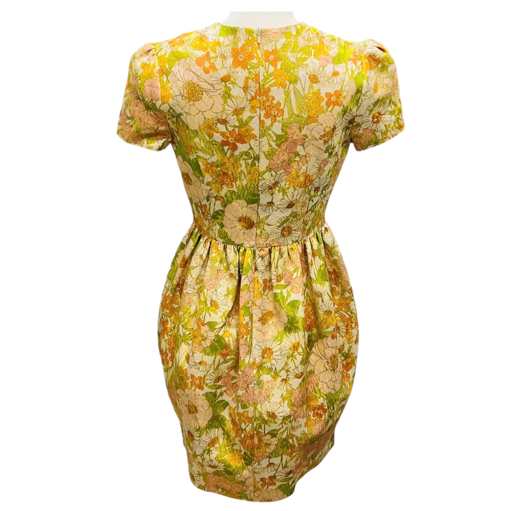 Zimmermann Yellow / Green / Orange / Gold Metallic Short Sleeved Floral Shimmer Mini Dress