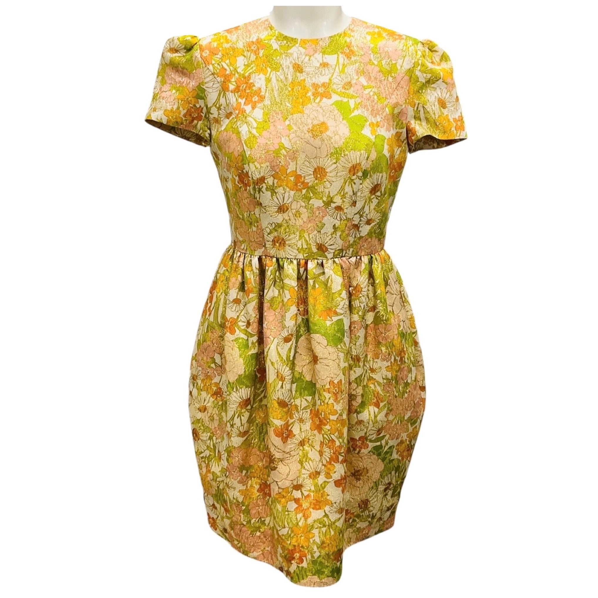 Zimmermann Yellow / Green / Orange / Gold Metallic Short Sleeved Floral Shimmer Mini Dress