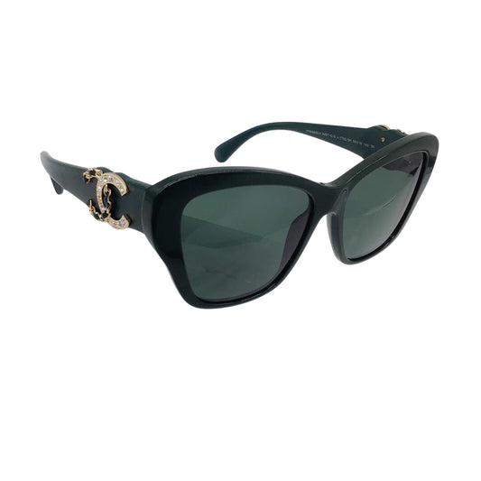 Chanel Green Crystal Embellished CC Logo Butterfly Acetate and Lambskin Leather Sunglasses