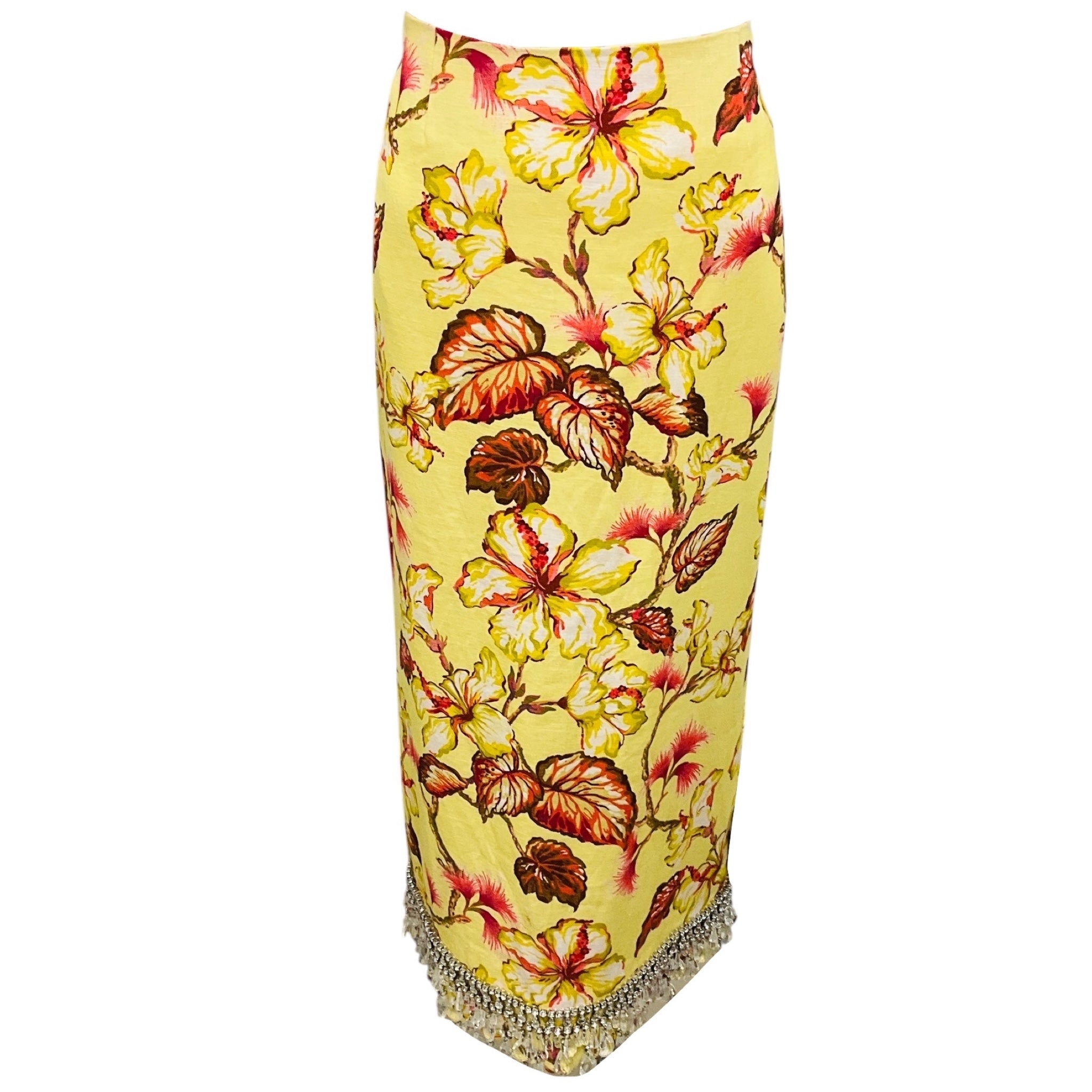 Zimmermann Yellow Multi Stone Embellished Floral Print Linen Midi Pencil Skirt