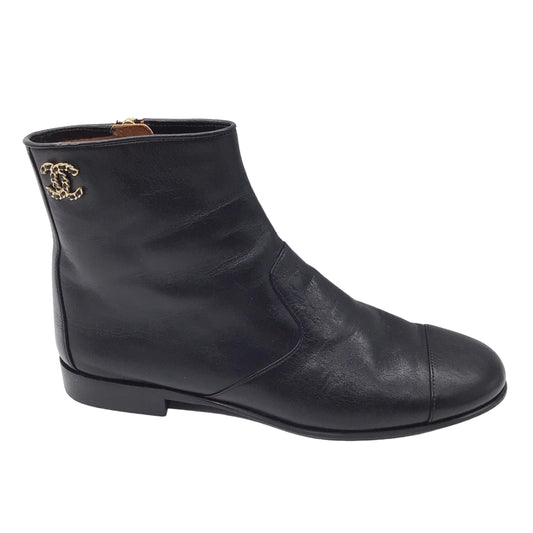 Chanel Black / Gold CC Logo Embellished Leather Monaco Boots