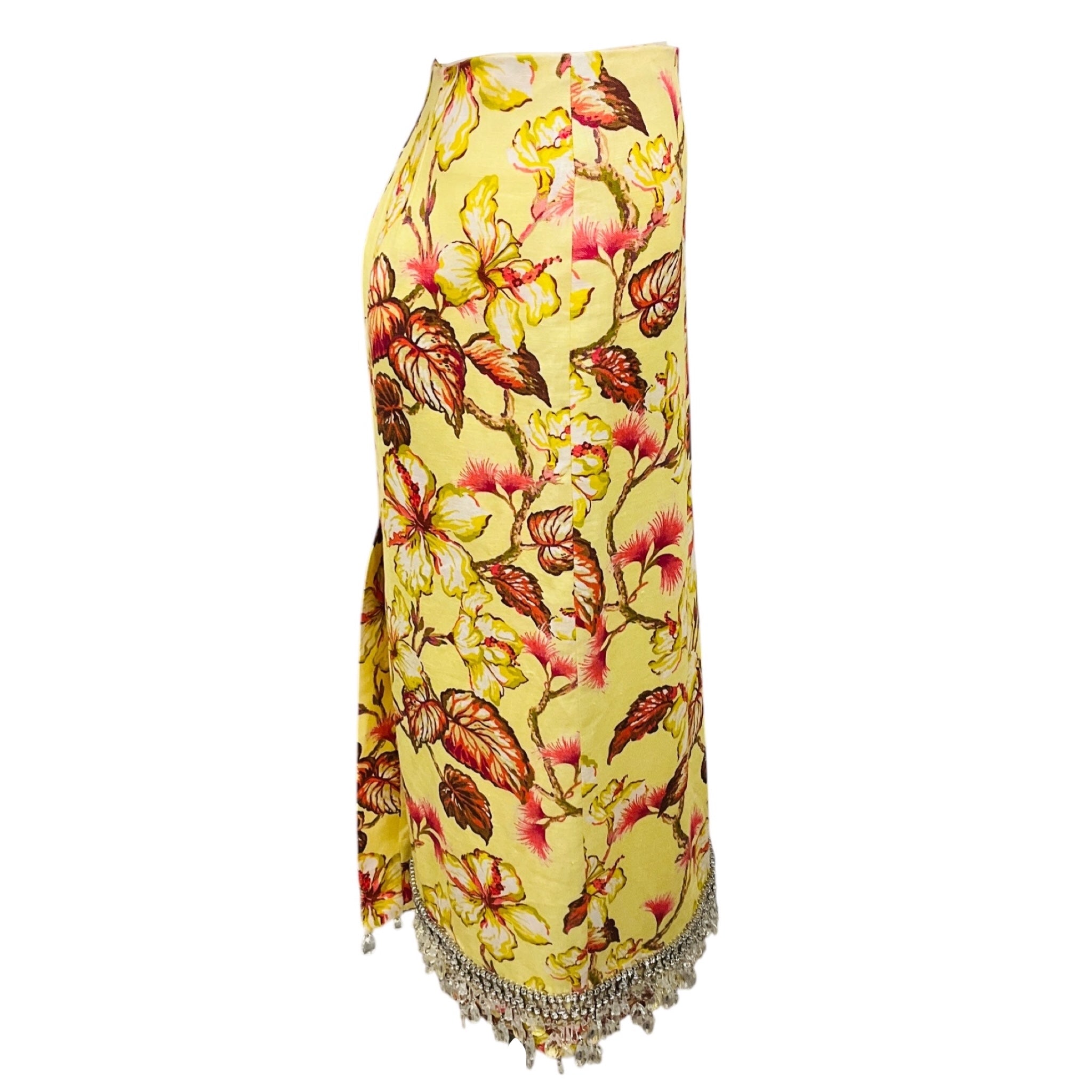 Zimmermann Yellow Multi Stone Embellished Floral Print Linen Midi Pencil Skirt