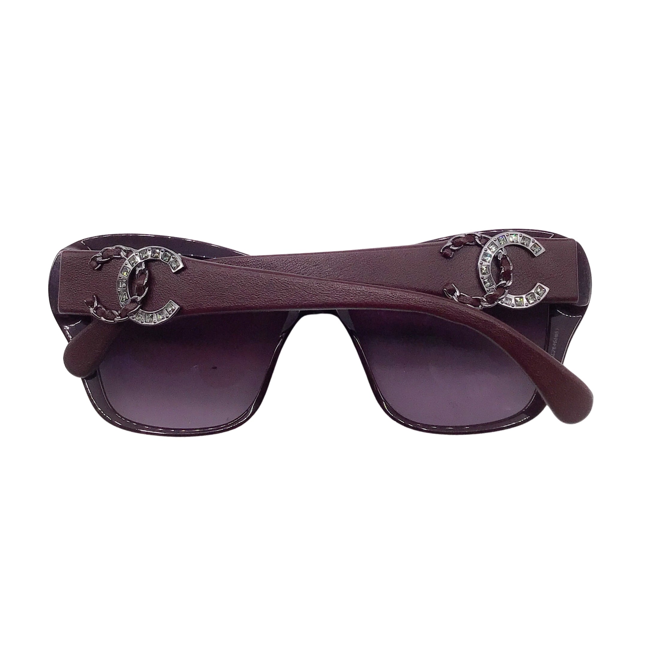 Chanel Burgundy Crystal Embellished CC Logo Butterfly Acetate and Lambskin Leather Sunglasses
