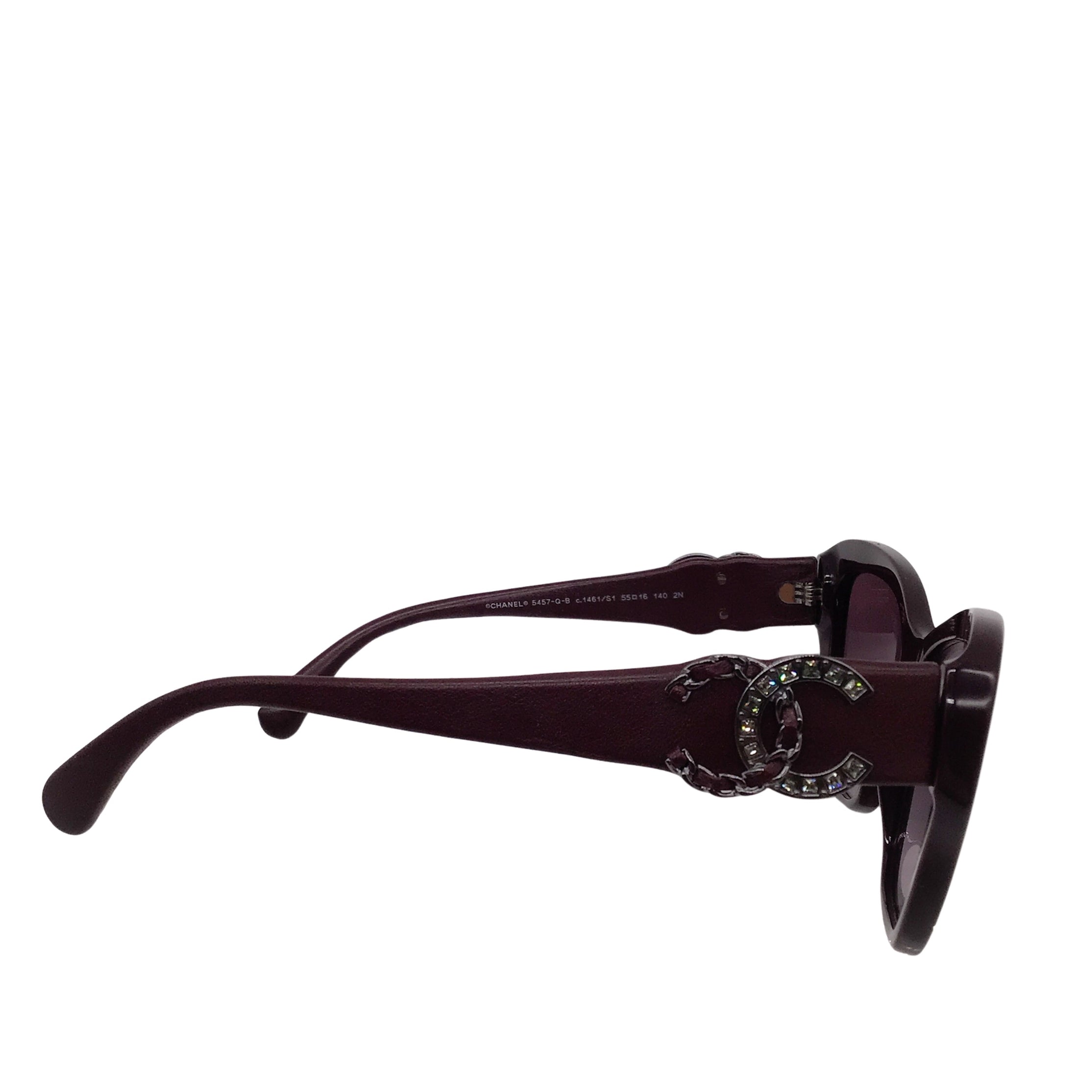 Chanel Burgundy Crystal Embellished CC Logo Butterfly Acetate and Lambskin Leather Sunglasses