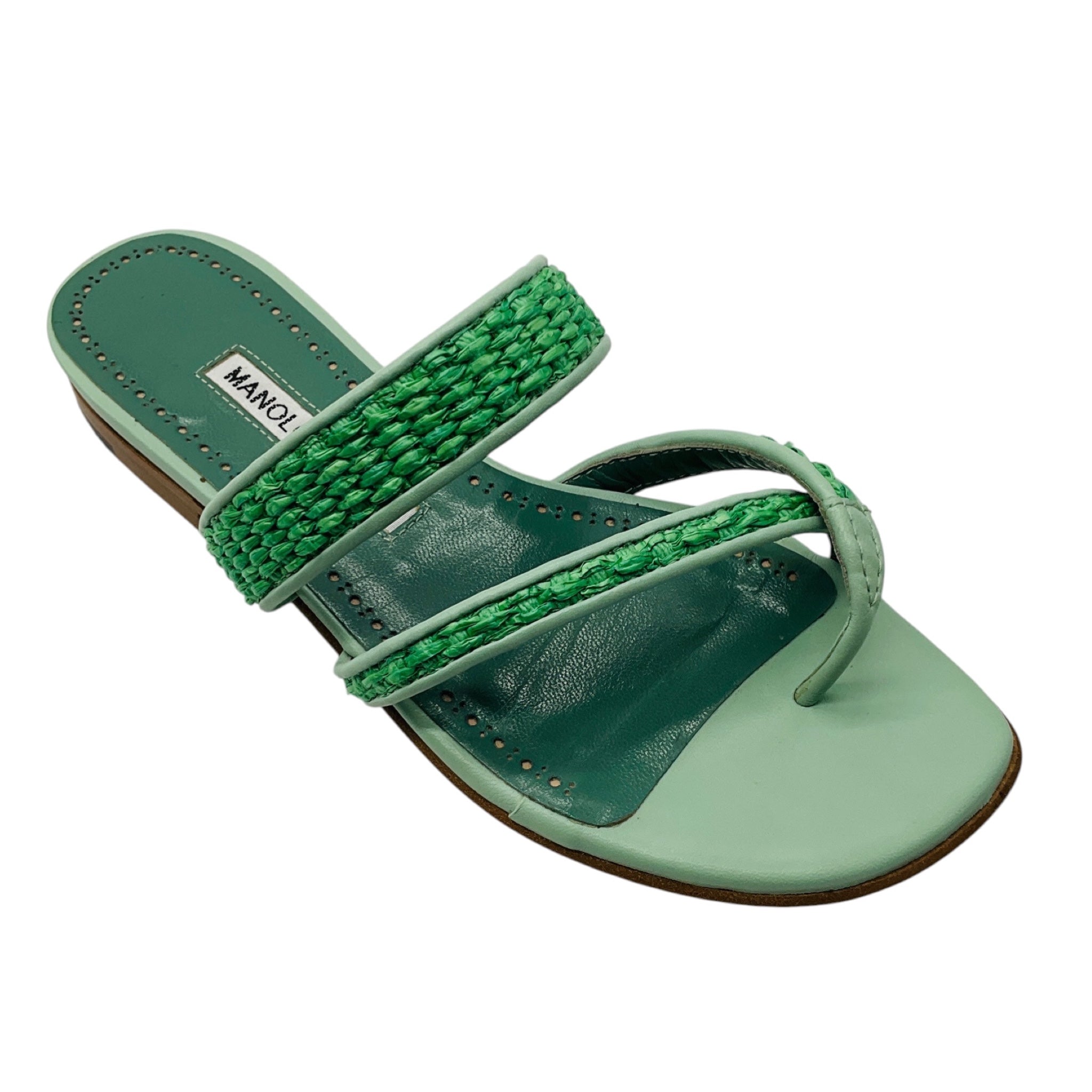 Manolo Blahnik Mint Green Leather and Raffia Slide Sandals