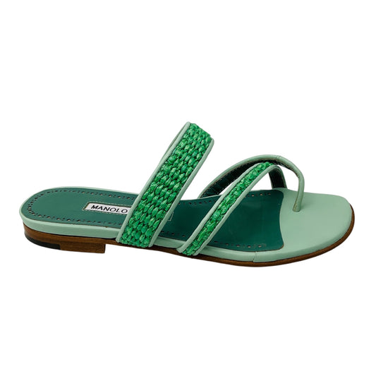 Manolo Blahnik Mint Green Leather and Raffia Slide Sandals