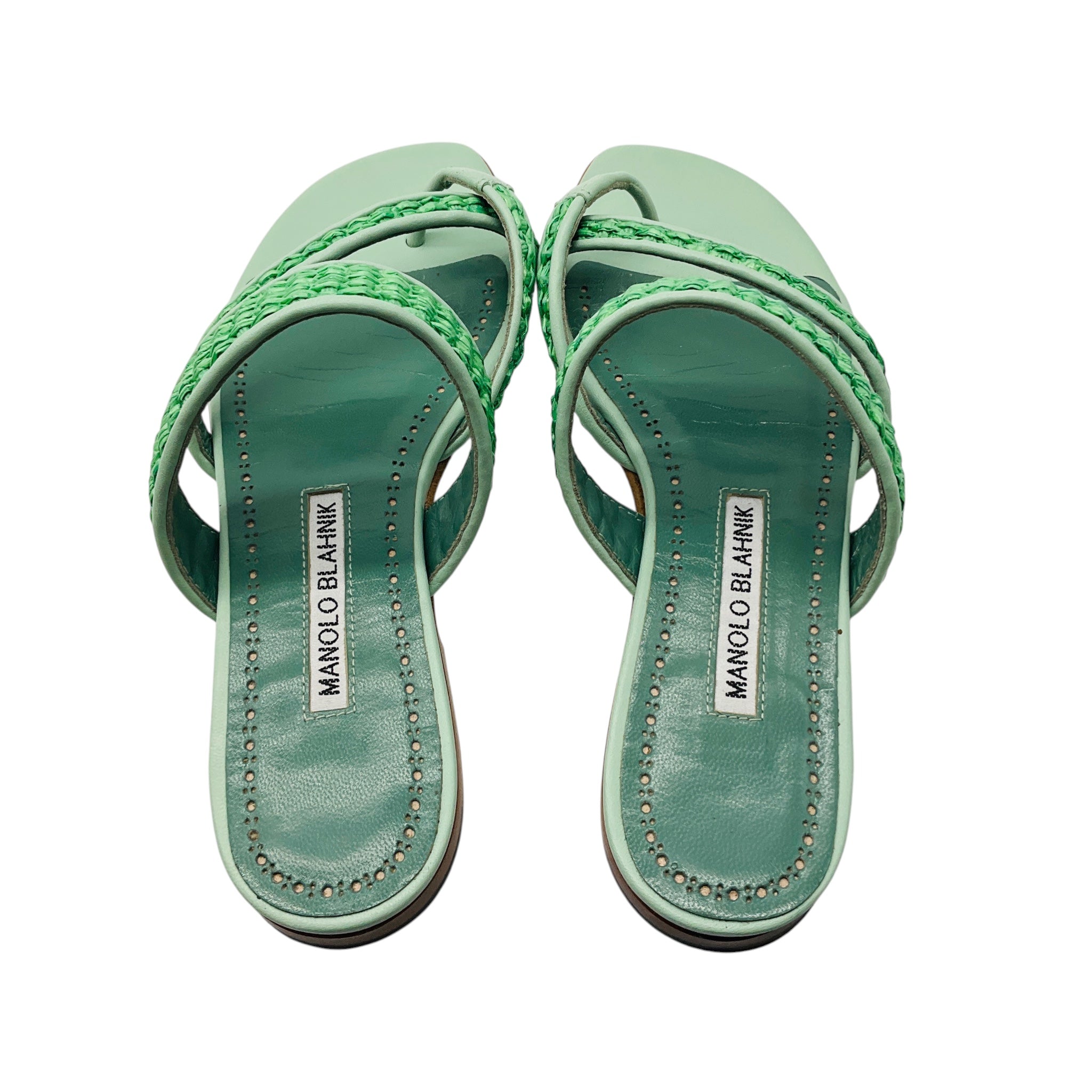 Manolo Blahnik Mint Green Leather and Raffia Slide Sandals