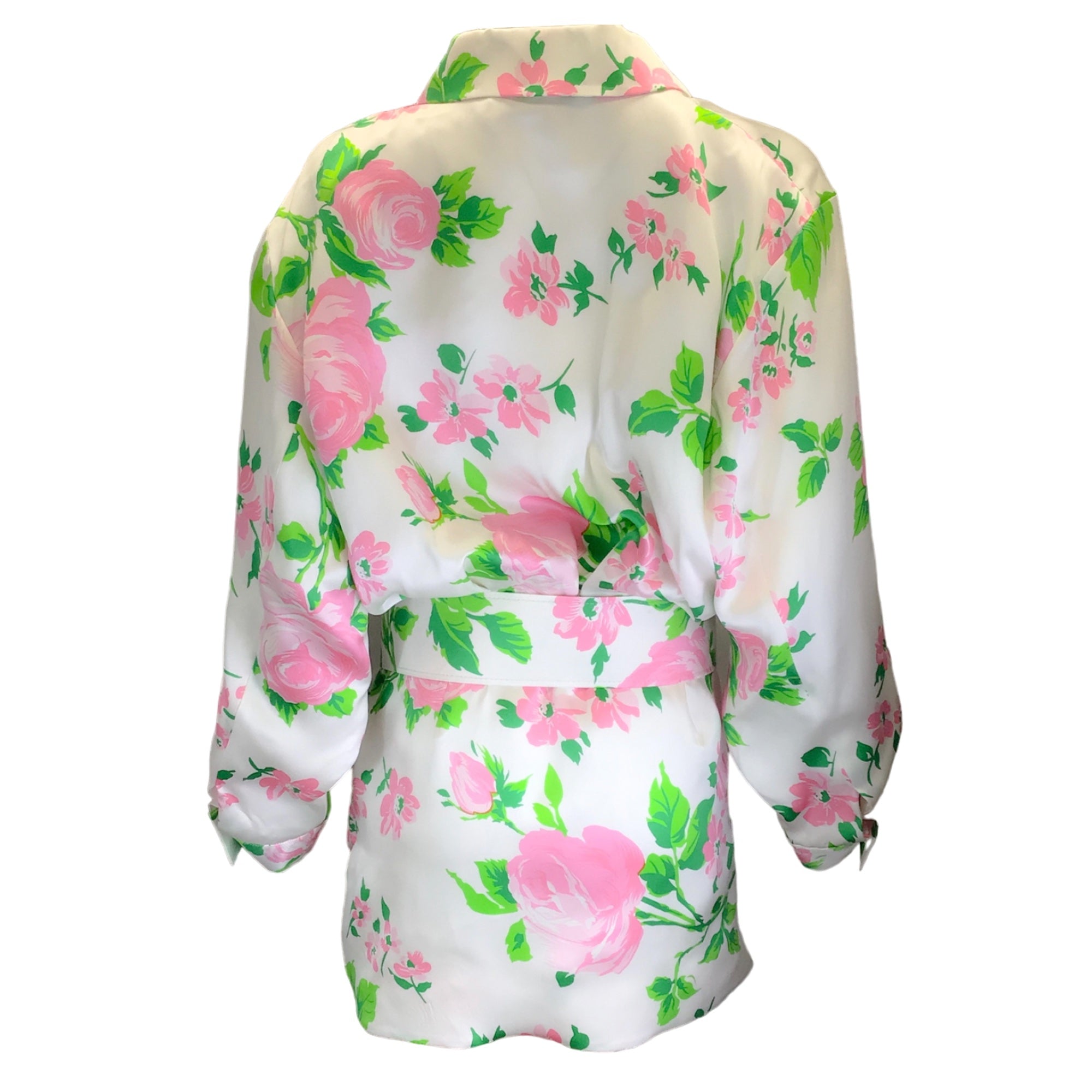 Richard Quinn White / Pink Multi Floral Printed Belted Long Sleeved Button-down Silk Dress