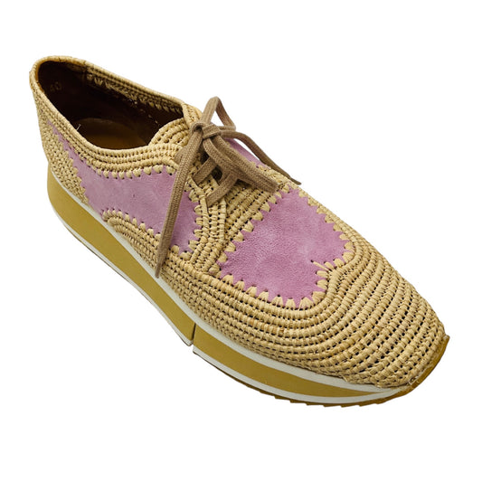 Robert Clergerie Natural / Pink Suede and Raffia Derby Platform Shoes