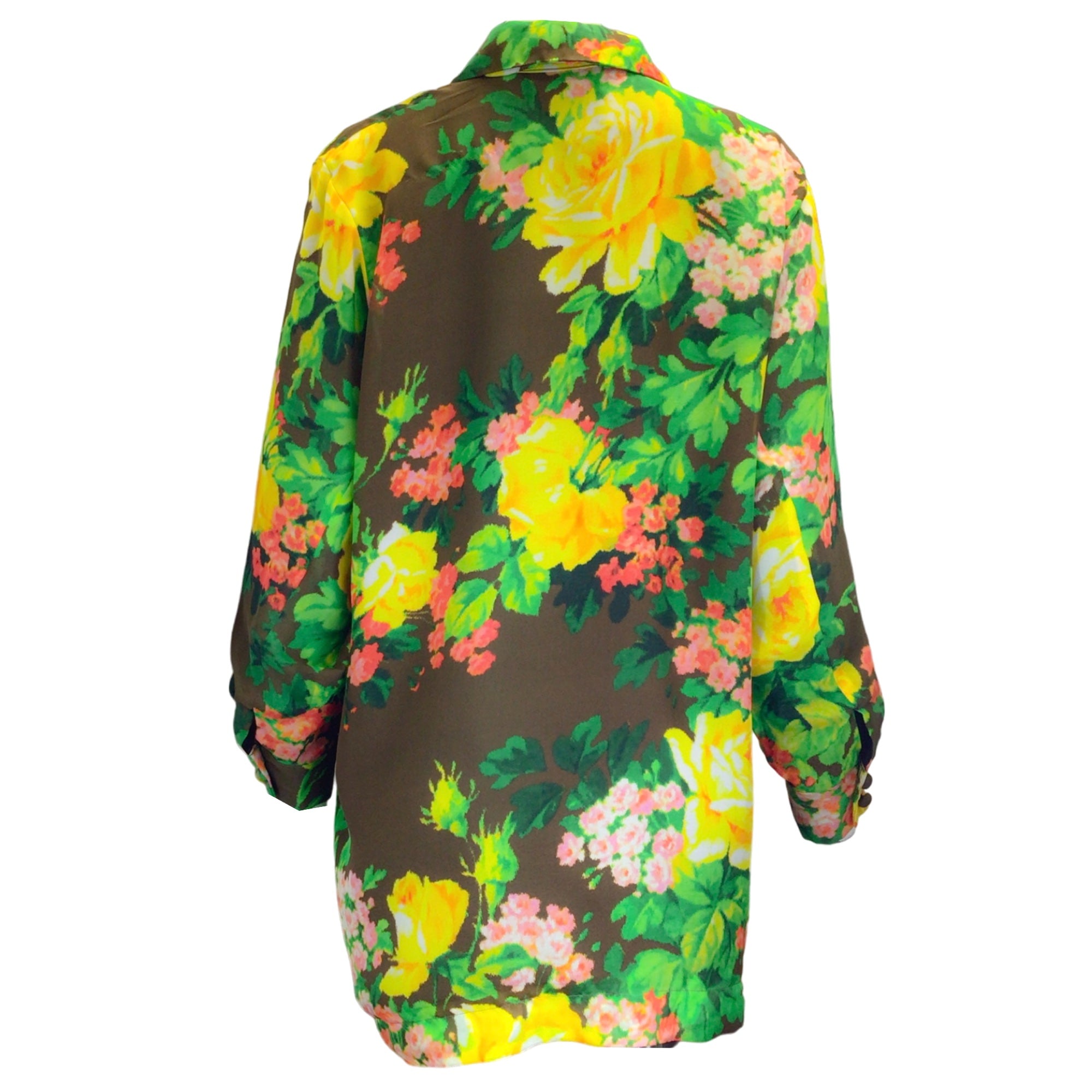Richard Quinn Brown Multi Floral Printed Long Sleeved Button-down Silk Blouse