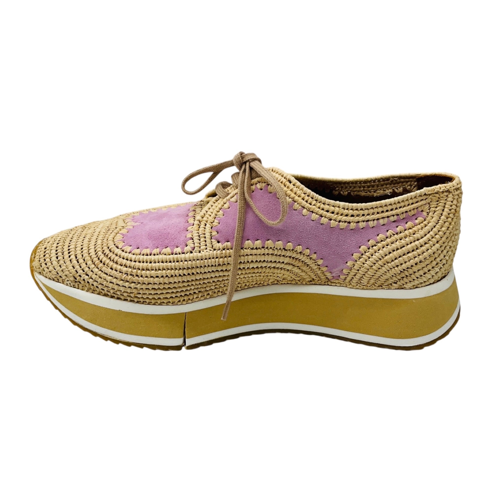 Robert Clergerie Natural / Pink Suede and Raffia Derby Platform Shoes