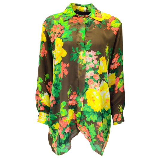 Richard Quinn Brown Multi Floral Printed Long Sleeved Button-down Silk Blouse