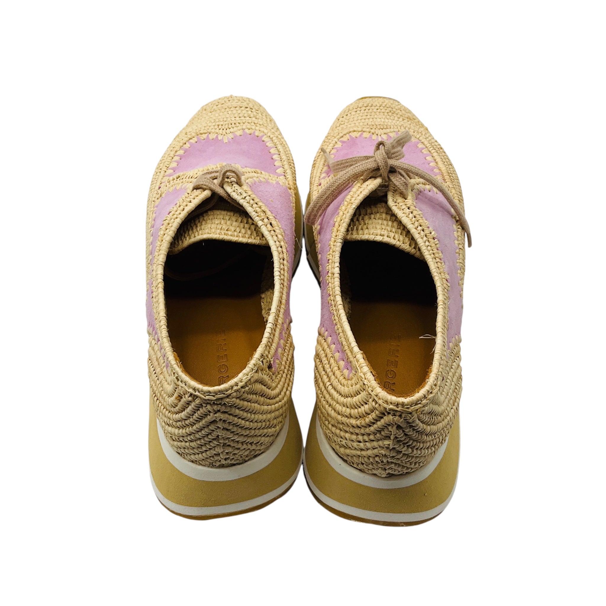 Robert Clergerie Natural / Pink Suede and Raffia Derby Platform Shoes