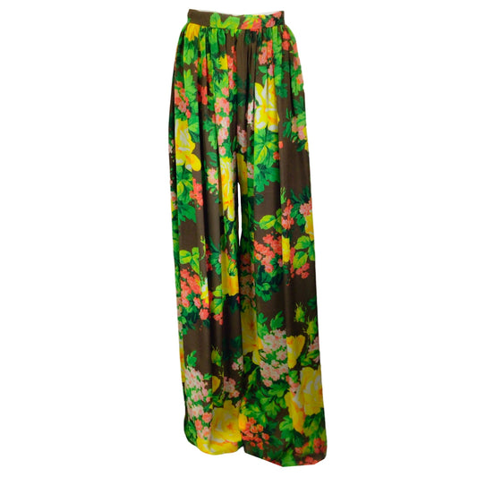 Richard Quinn Brown Multi Floral Printed Silk Pants / Trousers