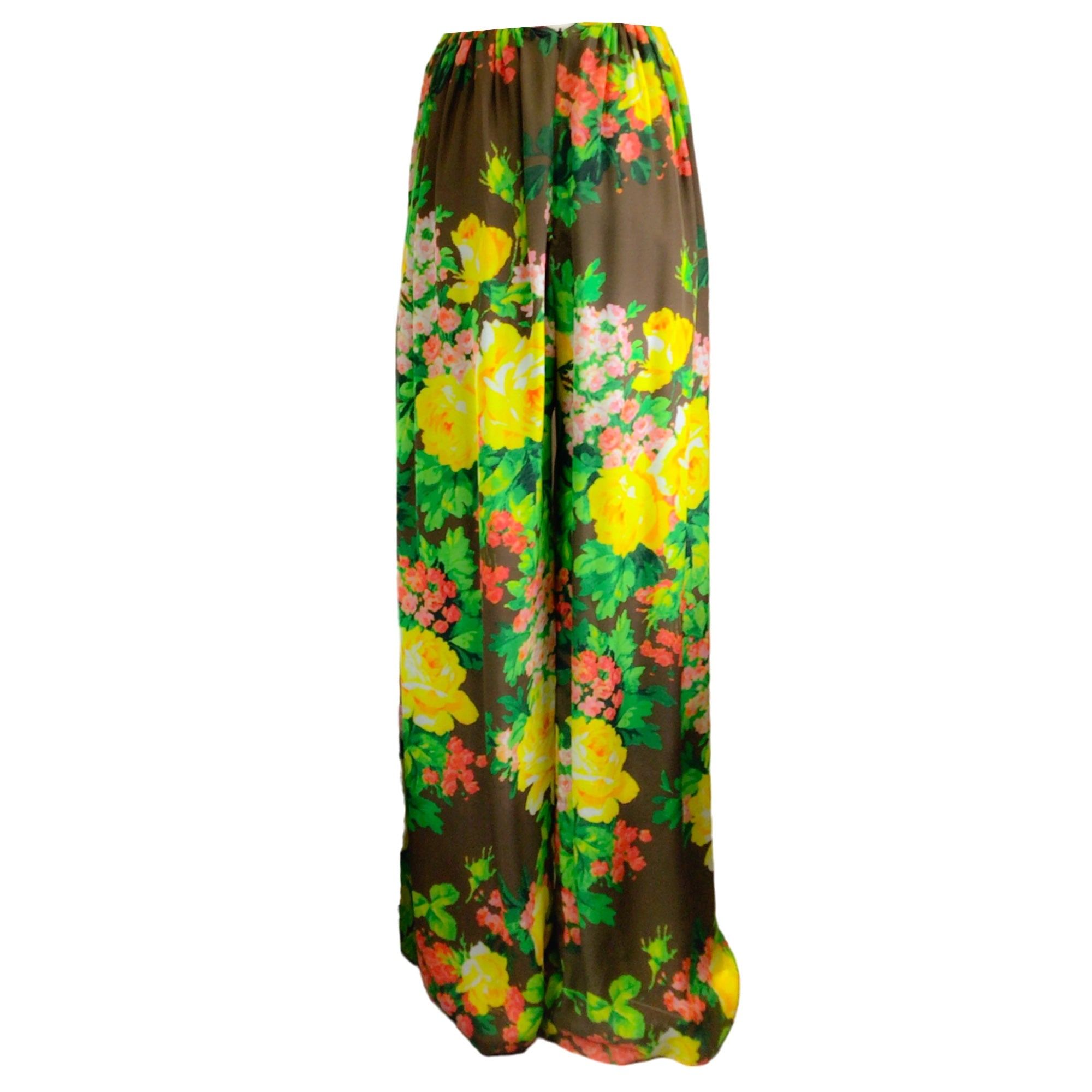 Richard Quinn Brown Multi Floral Printed Silk Pants / Trousers