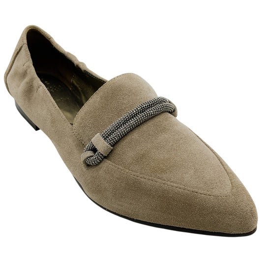 Brunello Cucinelli Taupe Suede Pointed Toe Loafers with Monili
