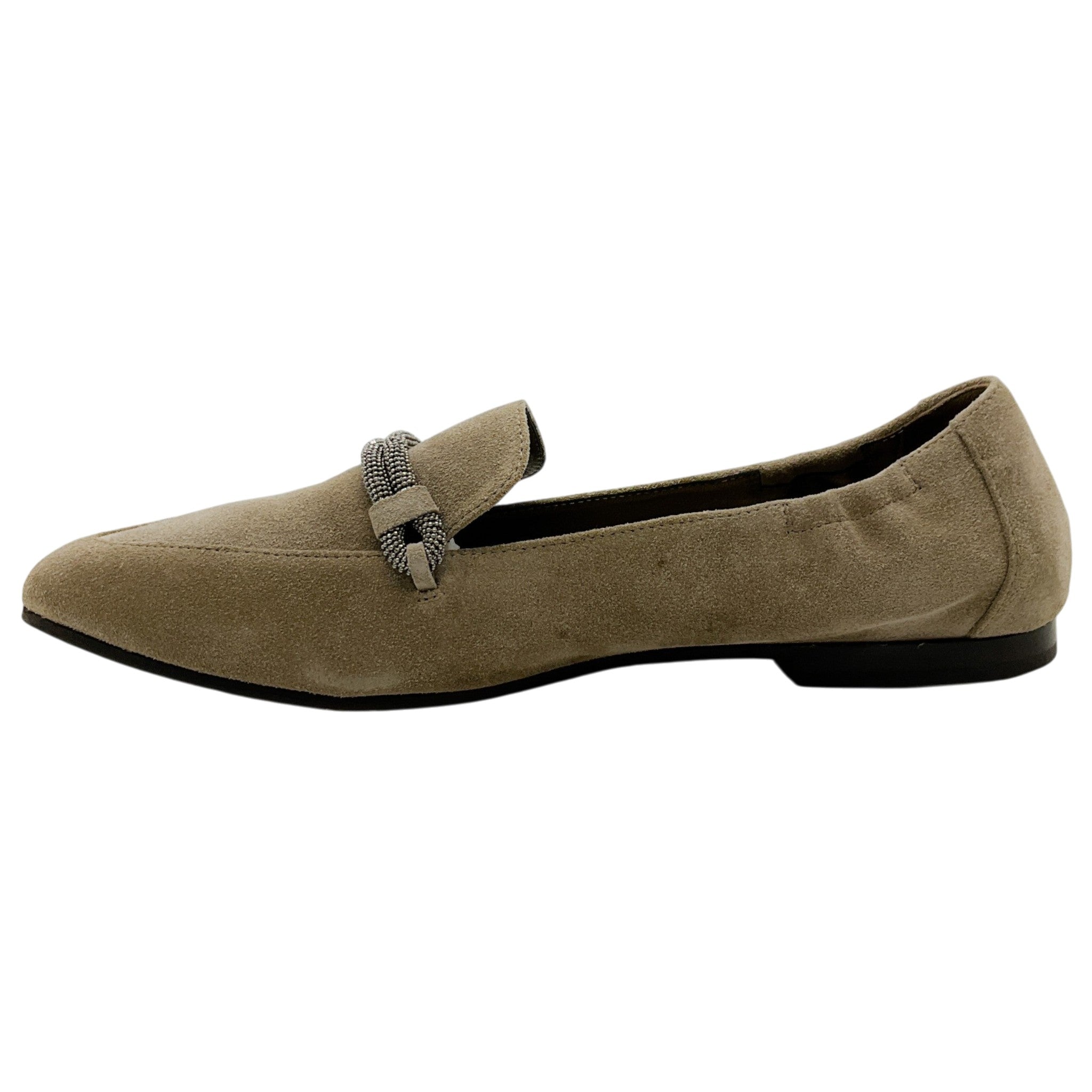 Brunello Cucinelli Taupe Suede Pointed Toe Loafers with Monili