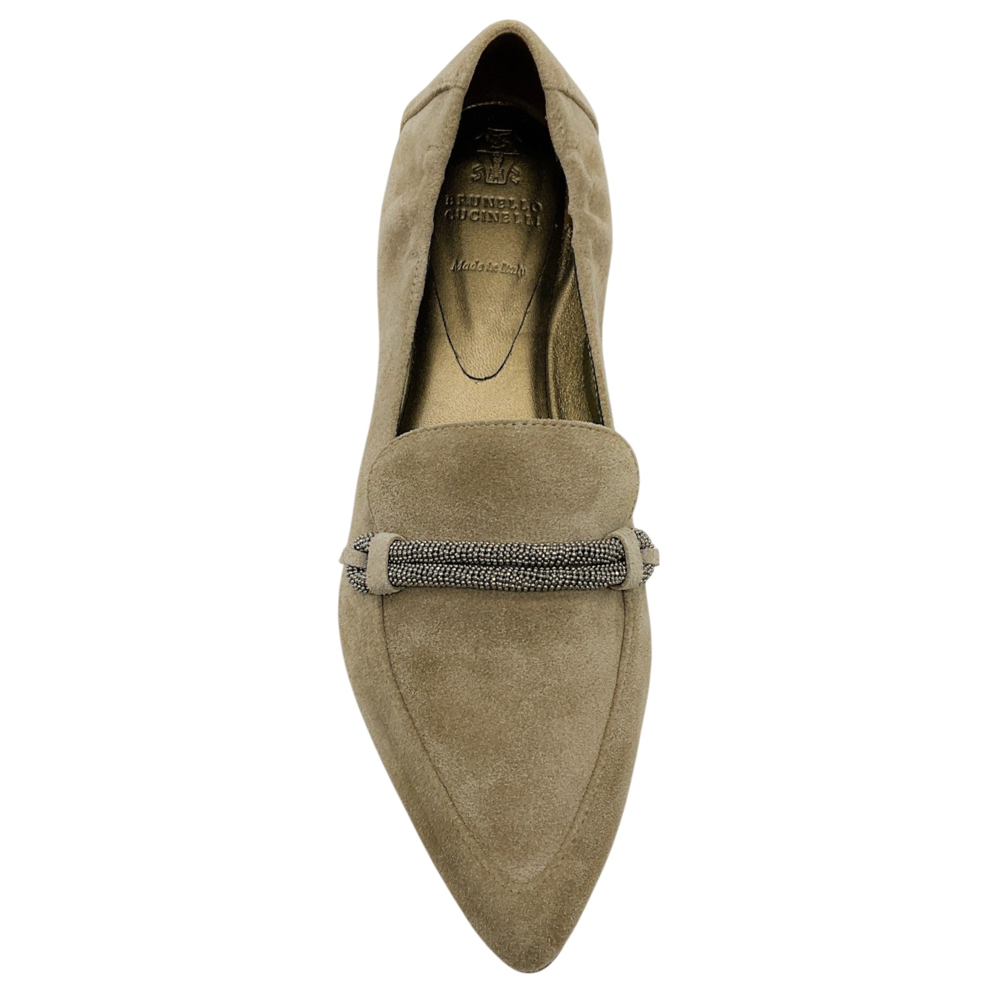 Brunello Cucinelli Taupe Suede Pointed Toe Loafers with Monili