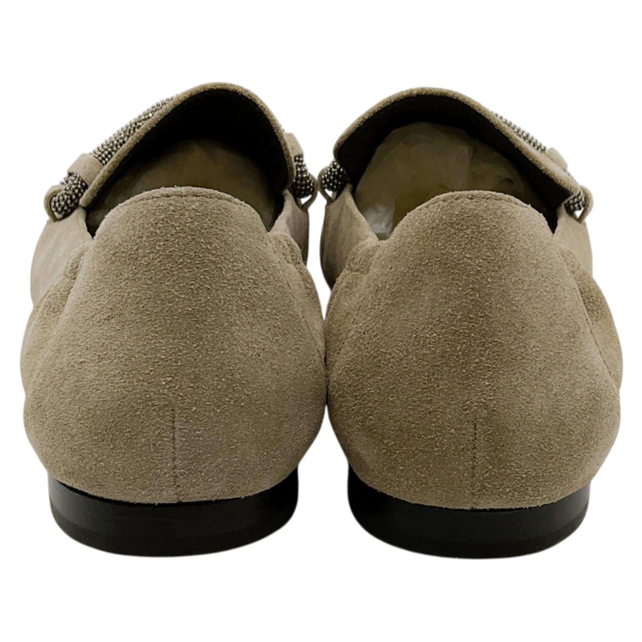 Brunello Cucinelli Taupe Suede Pointed Toe Loafers with Monili