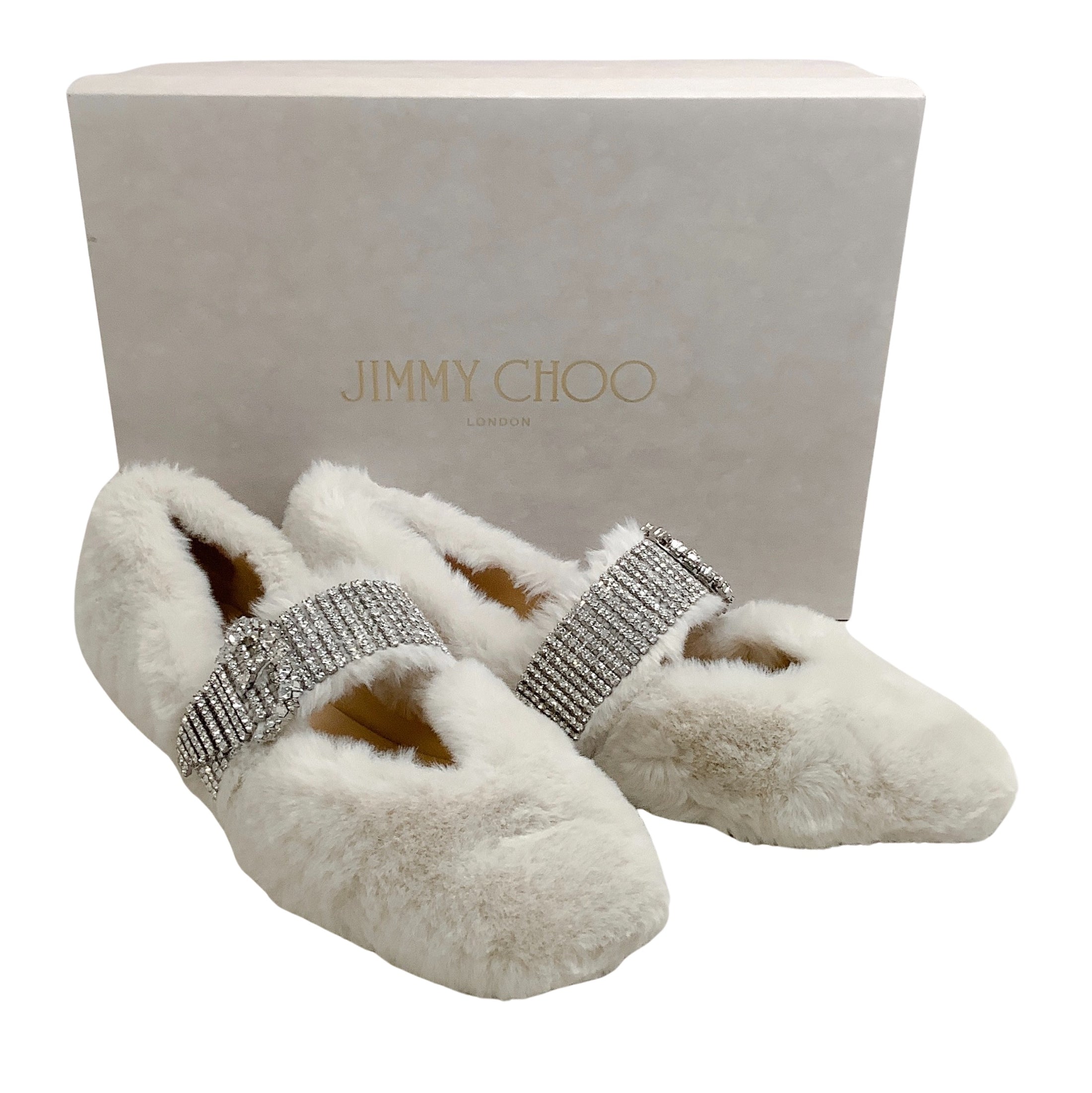 Jimmy Choo Latte Faux Fur Krista Flats with Crystal Embellishments