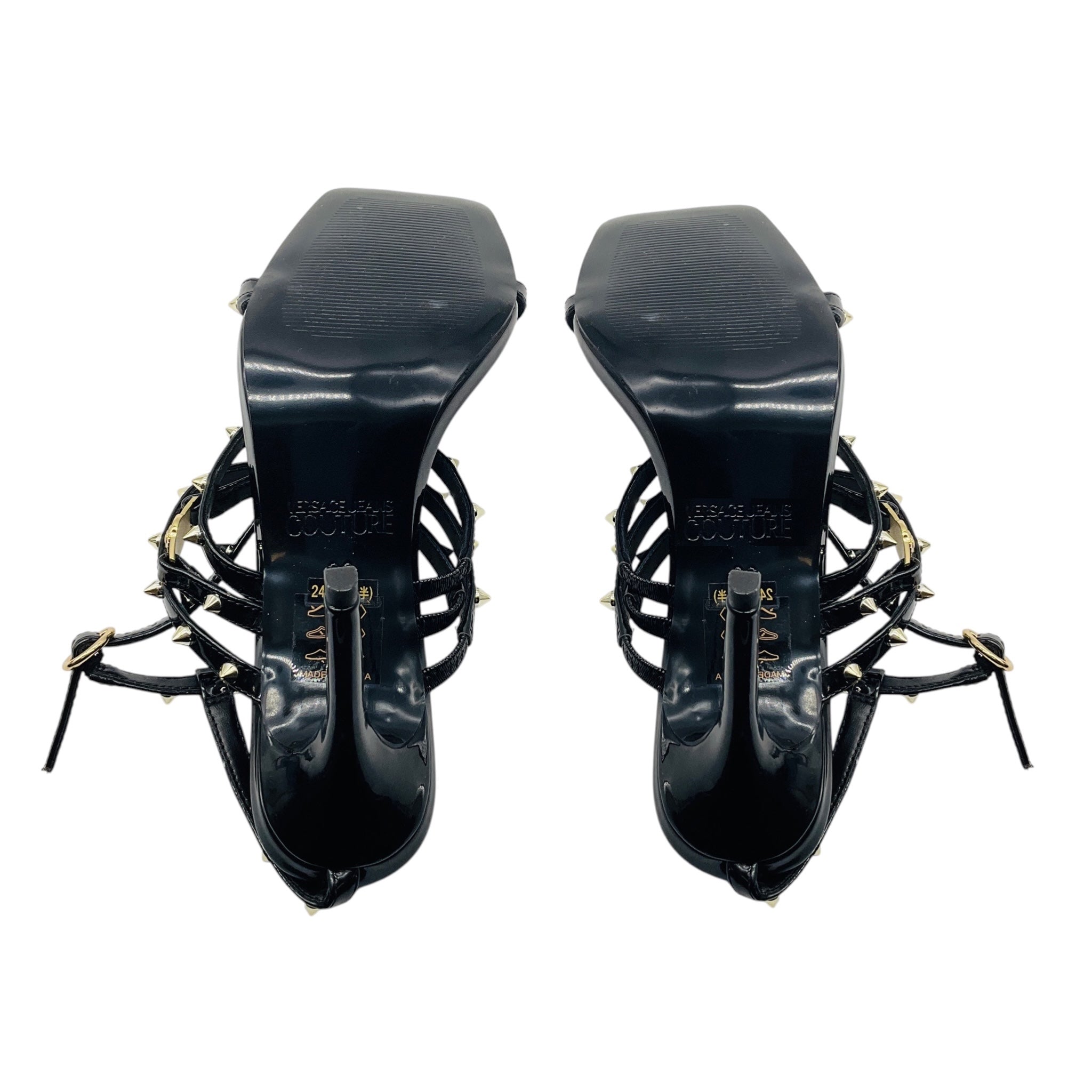 Versace Jeans Couture Black / Gold Studded Patent Leather Sandals