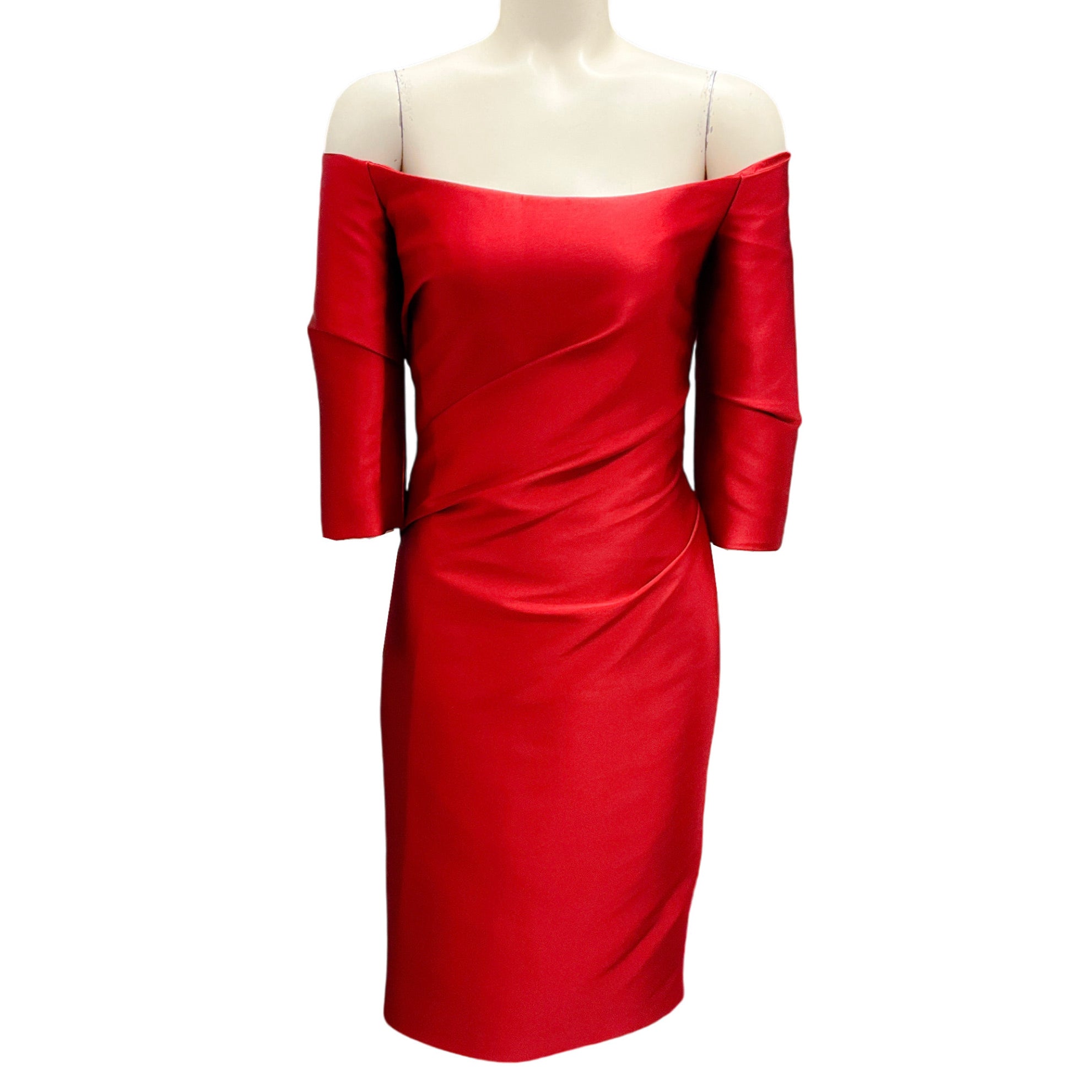 Monique Lhuillier Dark Red Off-the-Shoulder Satin Dress