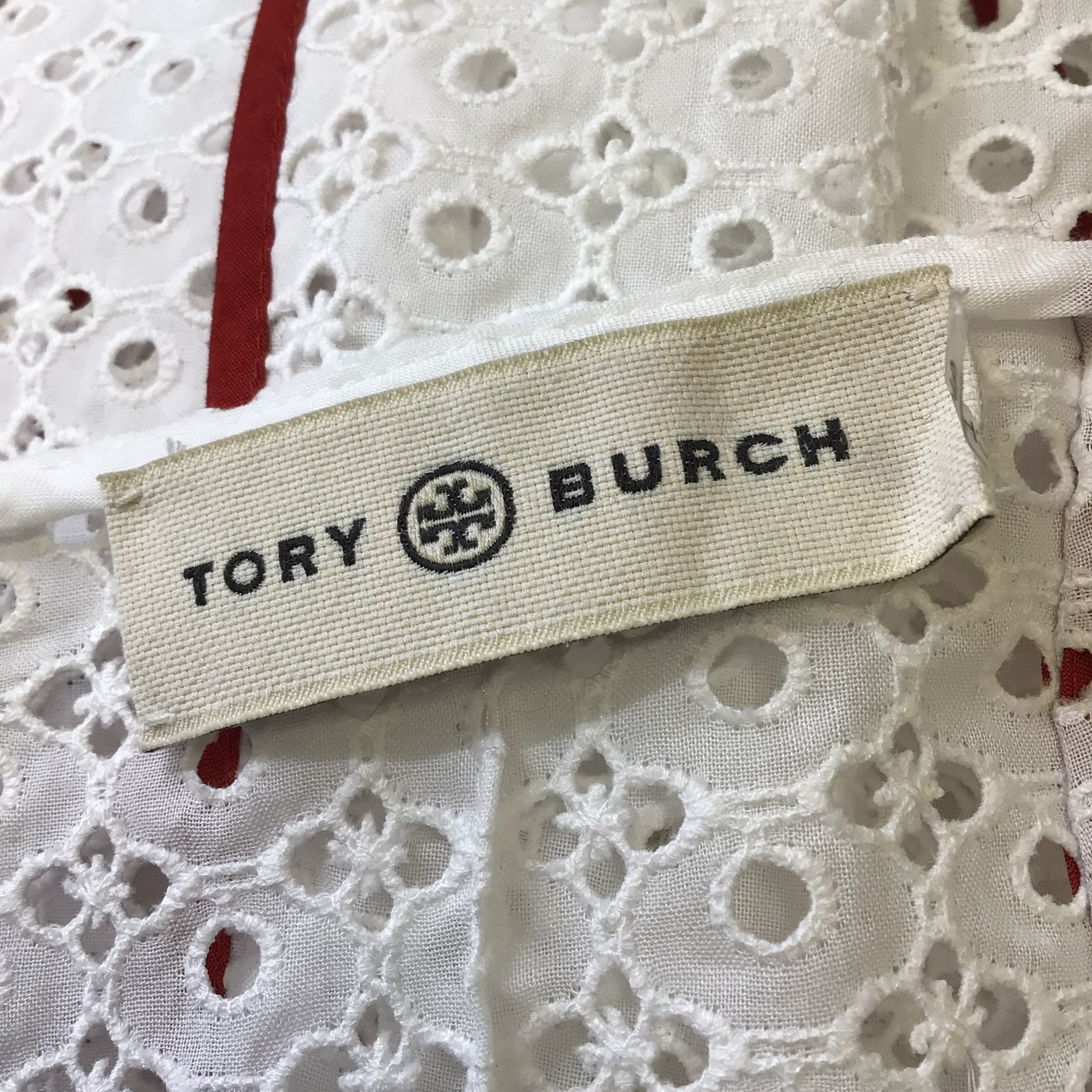 Tory Burch White / Red Honeycomb Eyelet Cotton Midi Dress