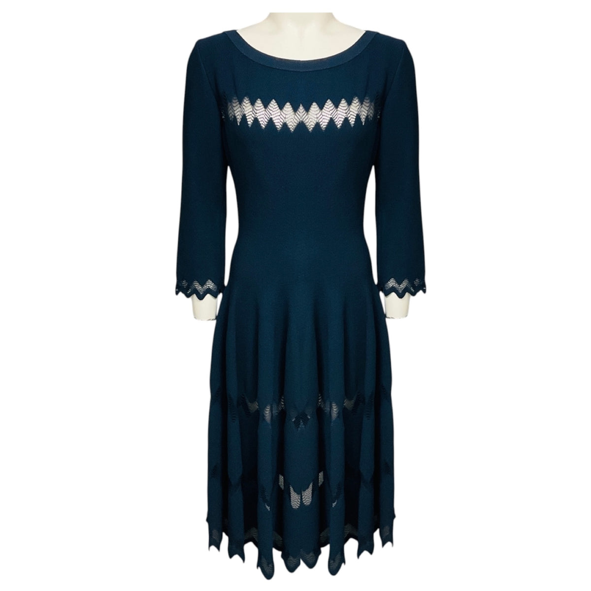 Alaia Slate Blue Zig Zag Mesh Detailed Viscose Knit Midi Dress