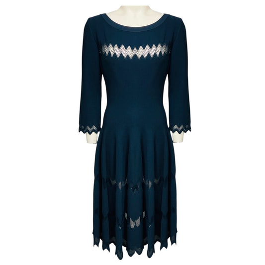 Alaia Slate Blue Zig Zag Mesh Detailed Viscose Knit Midi Dress
