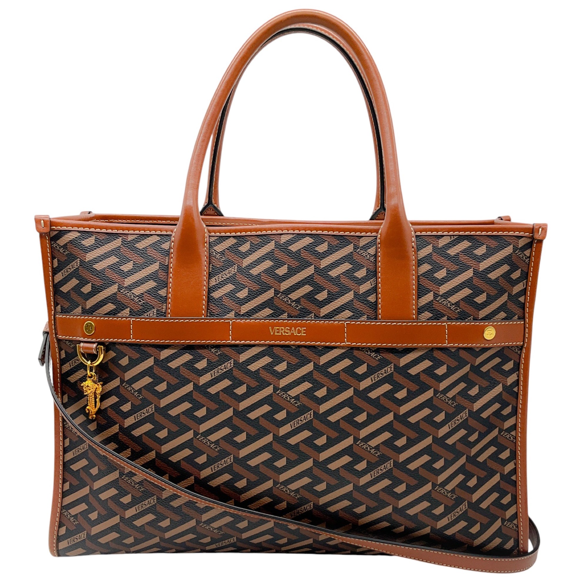 Versace Black / Brown La Greca Signature Monogram Canvas & Leather Tote Bag